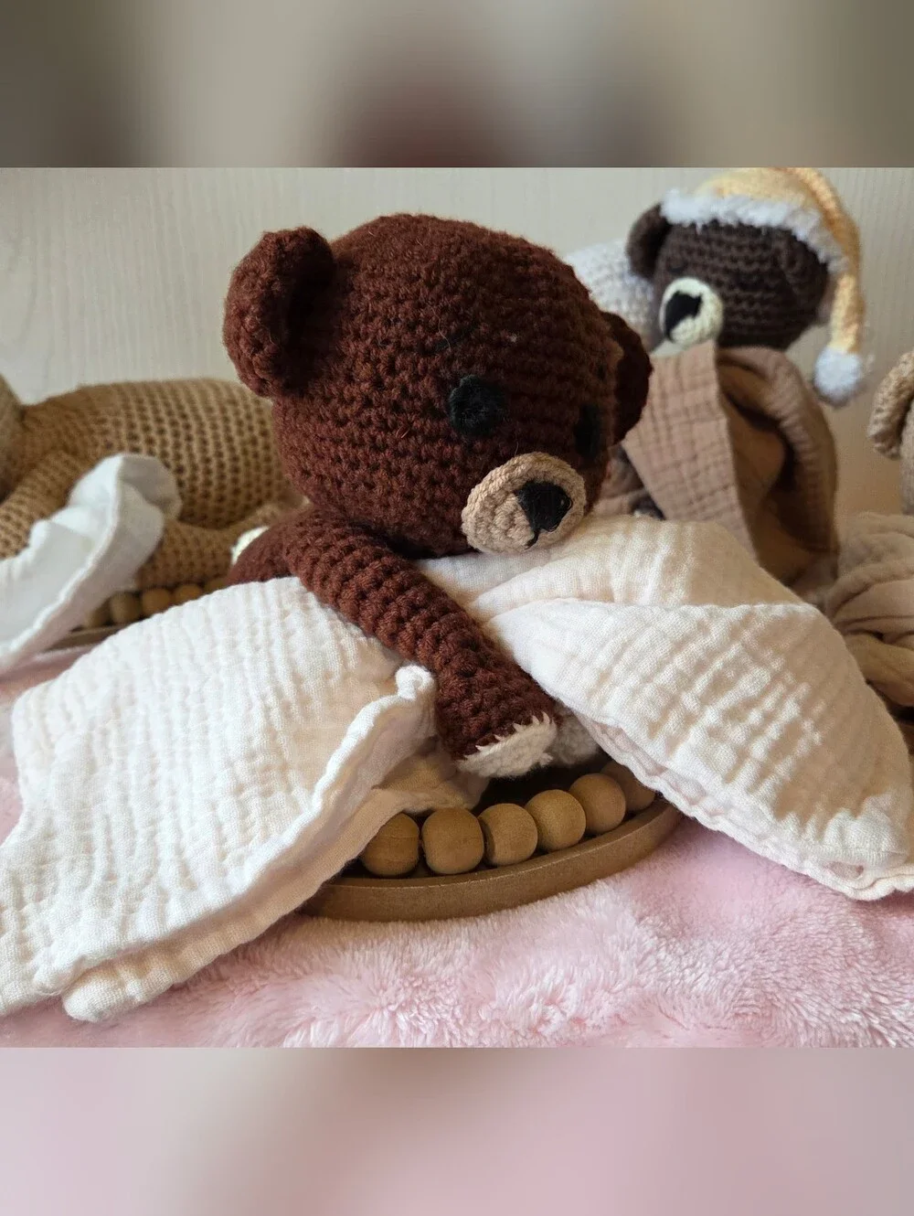 Handmade Baby Shower Centerpiece Crochet Sleeping Brown Bears with Blankets